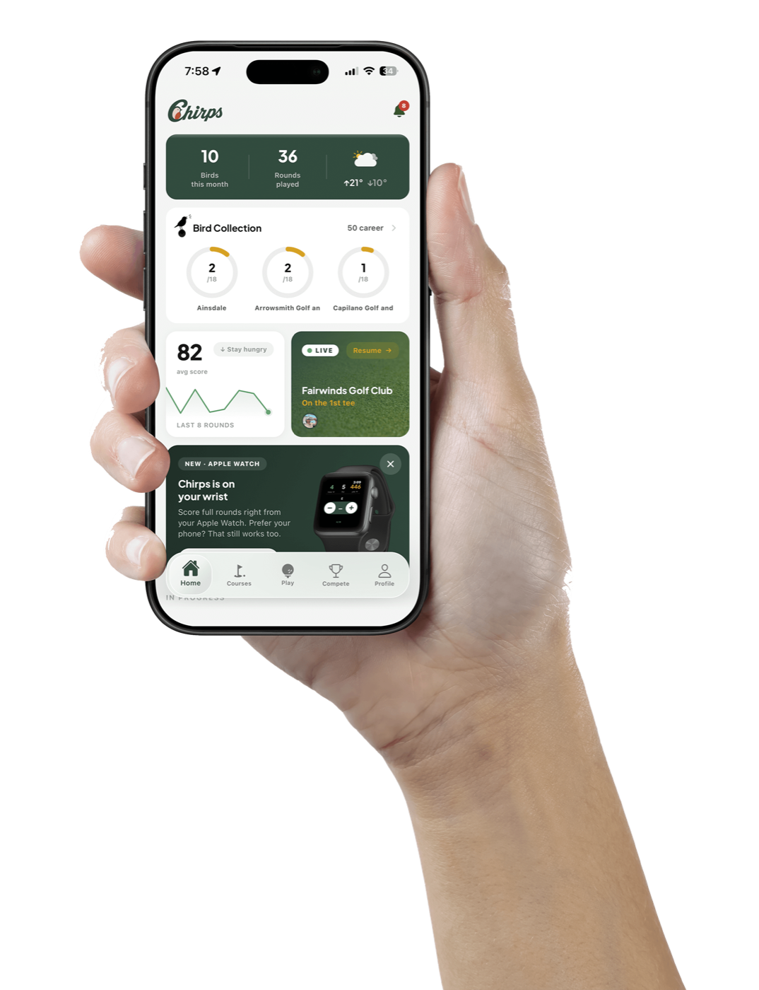 A hand holding a phone showing the Chirps golf app home screen with bird collection, rounds played, and live scores