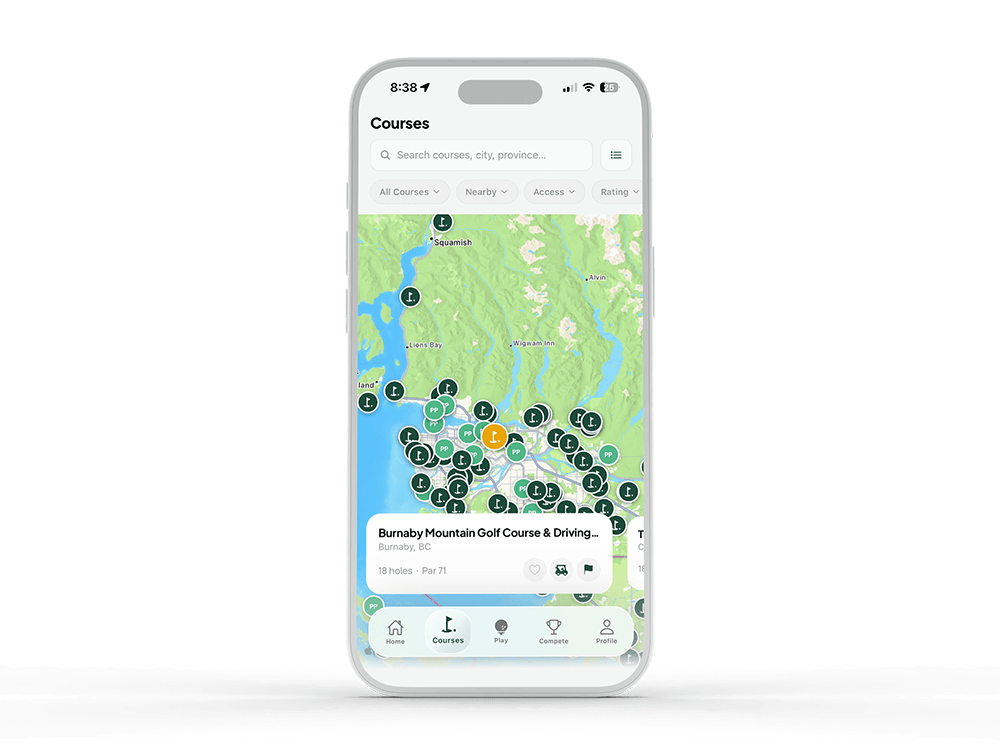 Chirps course finder map showing nearby golf courses in British Columbia
