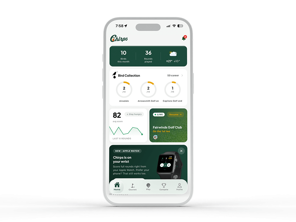 Chirps golf app home screen with bird collection and rounds played