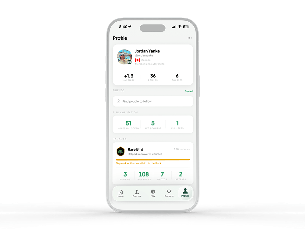 Chirps player profile with handicap, bird collection, and honours
