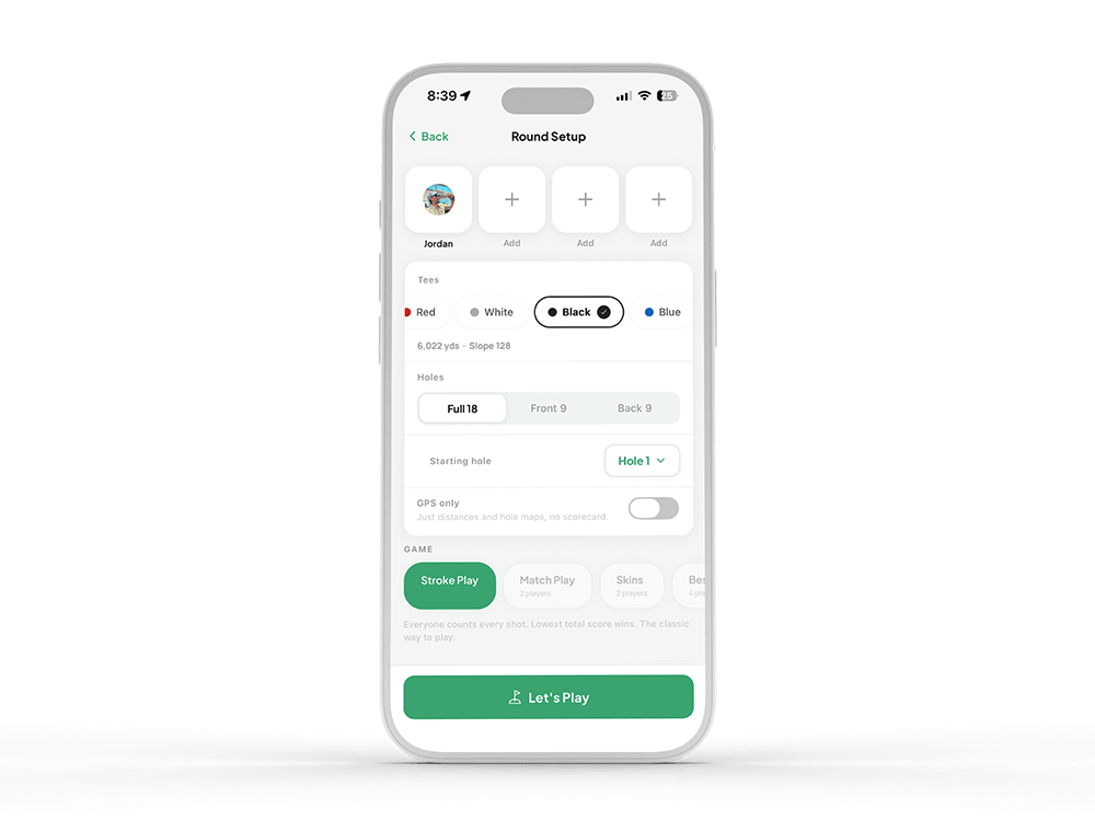 Chirps round setup screen with tees, holes, and game format