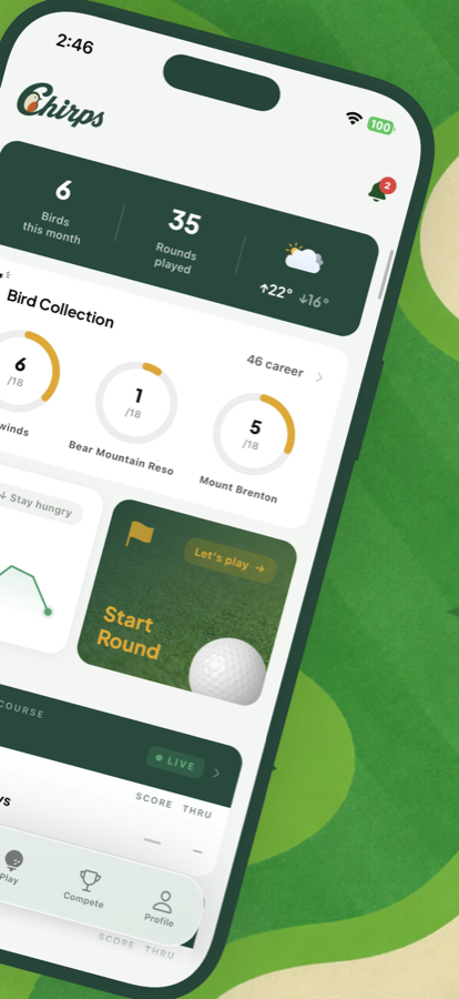 Chirps golf app home screen showing bird collection, rounds played, and live scores