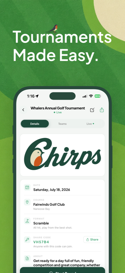 Chirps tournament screen with details and share code
