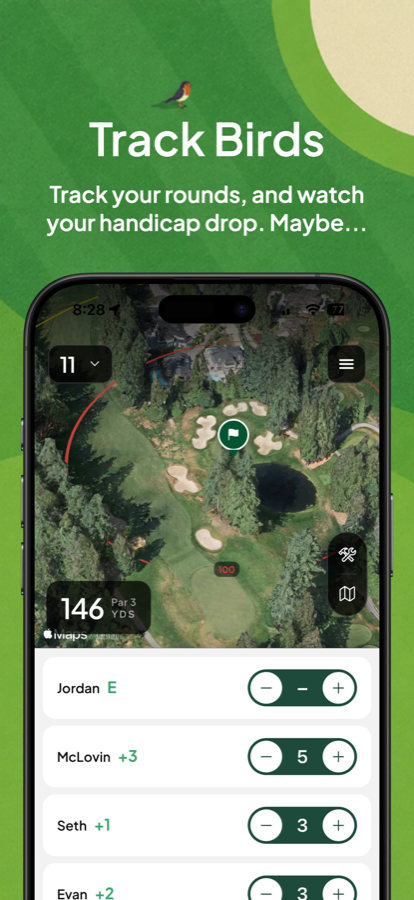 Chirps GPS hole view with yardages and live group scoring